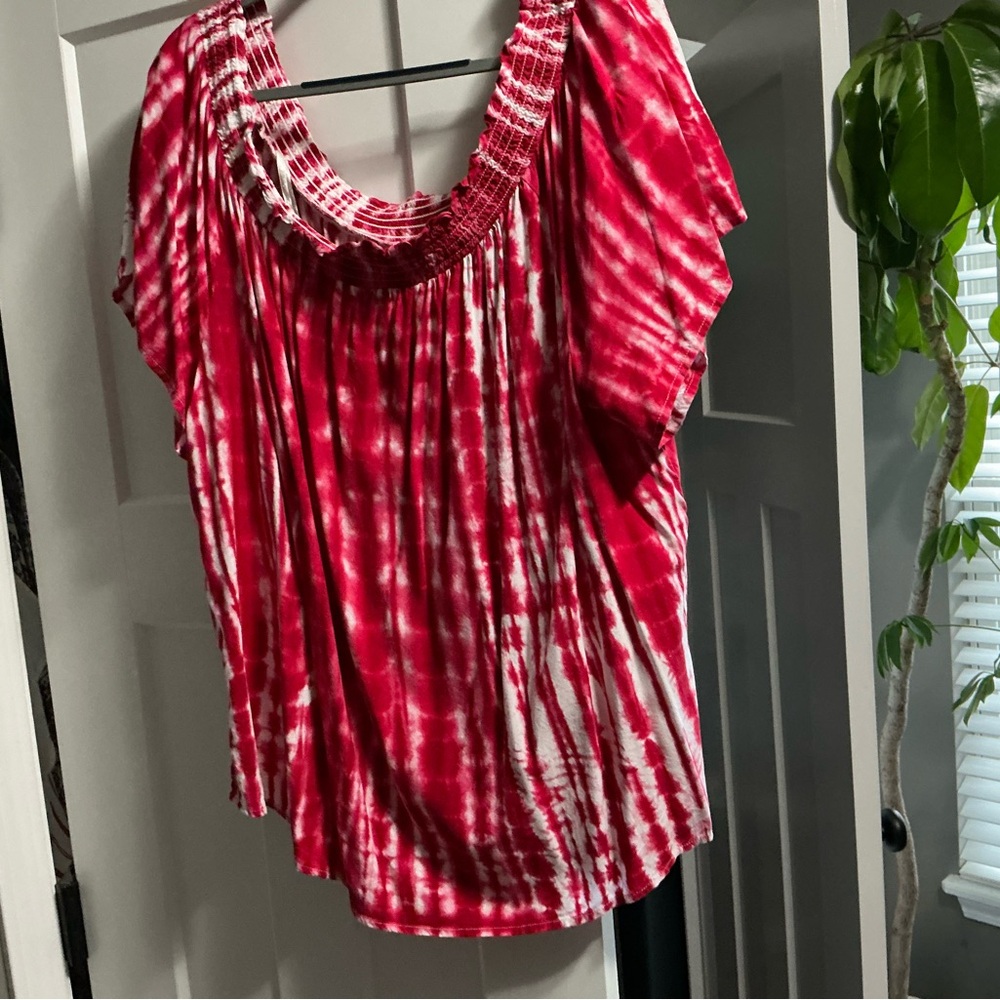 Lane Bryant Red and White Tie-Dye Blouse